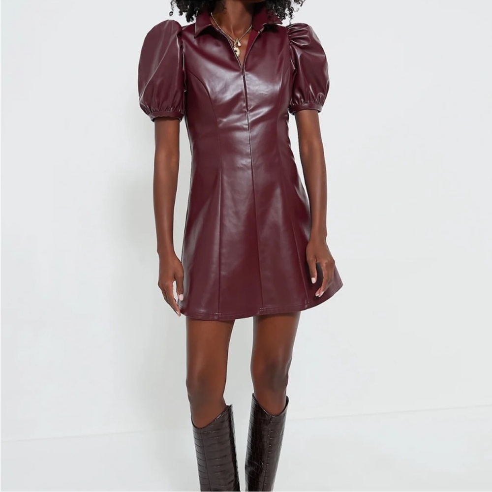 TUCKERNUCK Hyacinth House Burgundy Front Zip Faux Leather Mini Dress - Picture 1 of 9